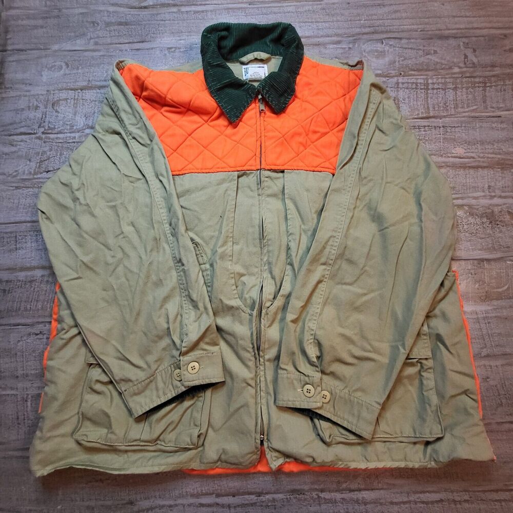 BUSHMASTER MEN'S XL HUNTING JACKET COAT TAN ORANGE CORDUROY COLLAR, POCKETS ZIP